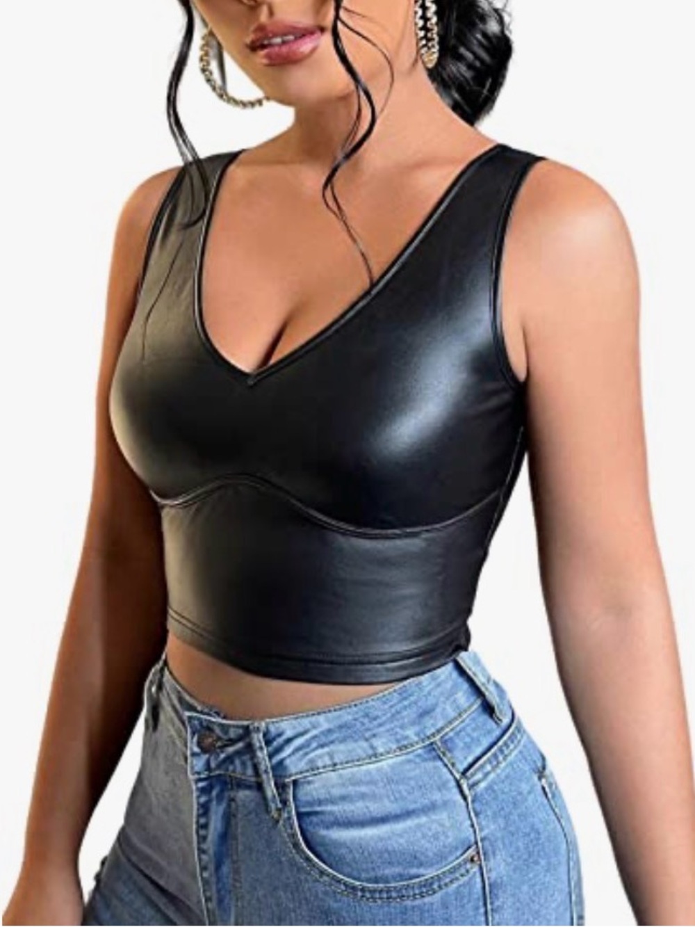 V-Neck Faux Leather Black Crop Top